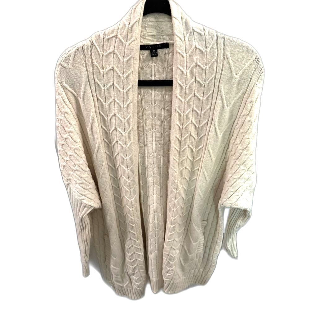 Cyrus Women Medium Cable Knit long Cardigan Sweater Oversized Ivory Beige - Picture 2 of 10